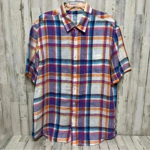 Bugatchi Uomo 100% Linen, XLarge Plaid, Short-Sleeve Button Men’s Shirt